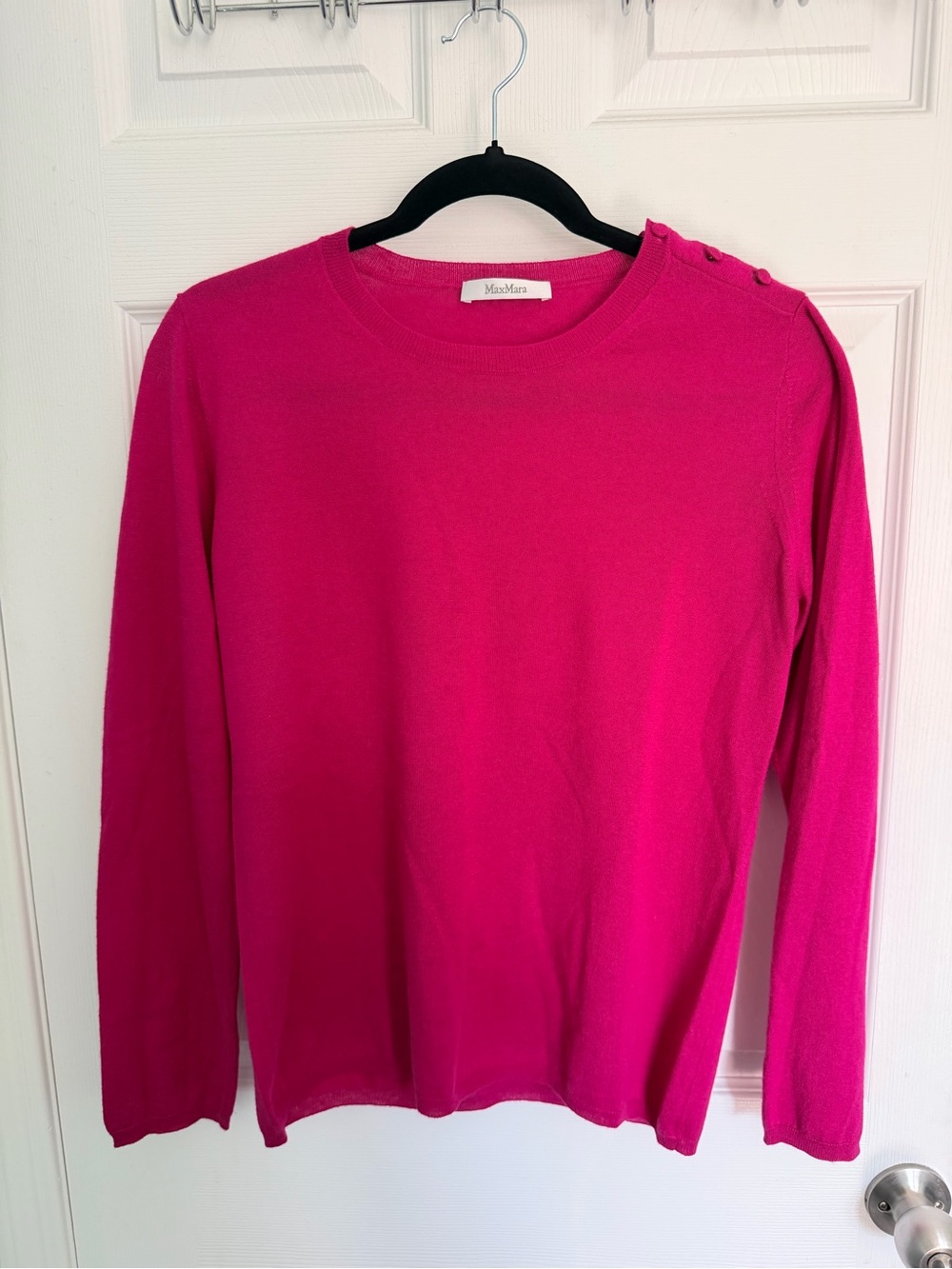 MaxMara Hot Pink Long-Sleeve Crewneck Sweater with Shoulder Buttons